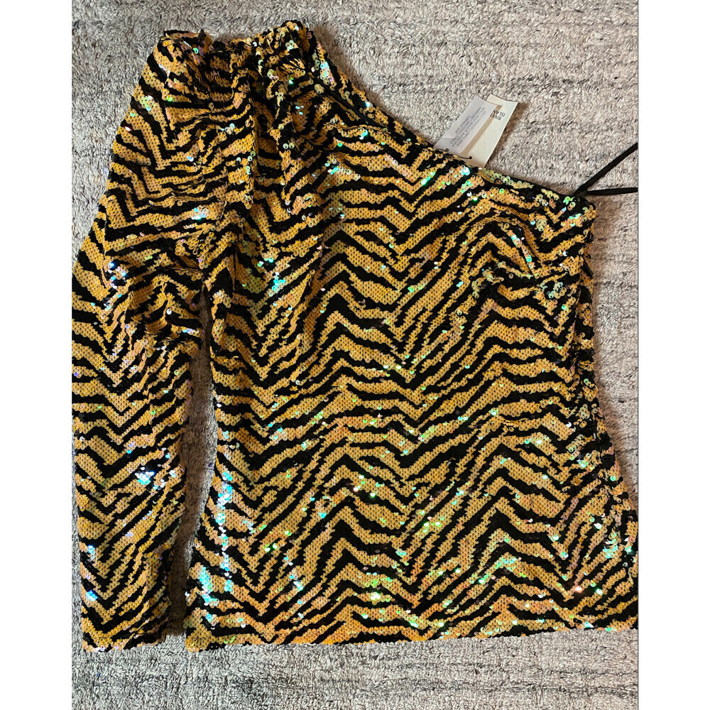 River Island Sequinned Animal-Pattern One-Sleeve Top Black/Orange Size 10